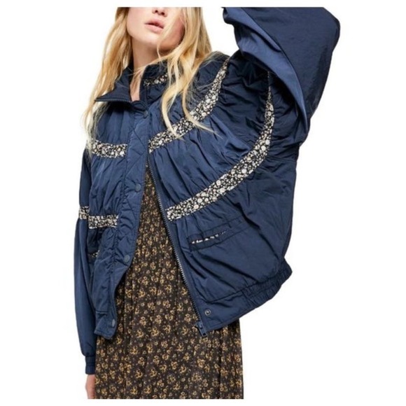 Free People On My Mind Bomber Jacket in Navy, NWOT, Size Medium - Picture 1 of 15